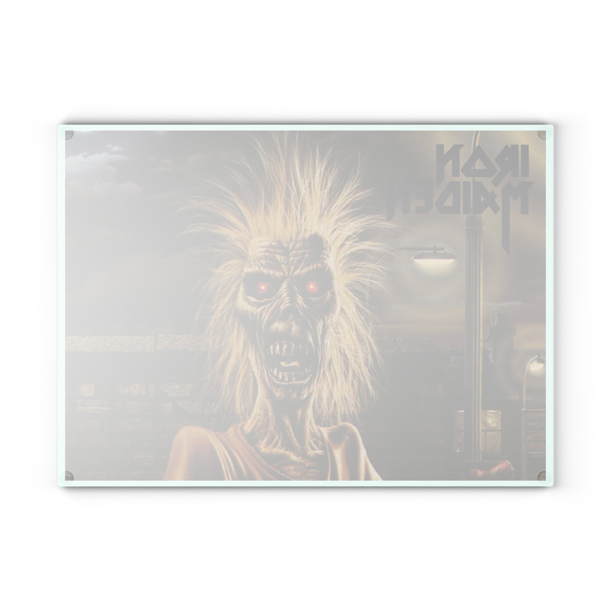 Iron Maiden Eddie Glass Cutting Board Kitchen Art — Retro Rock Band Music Gift 11" x 15"w