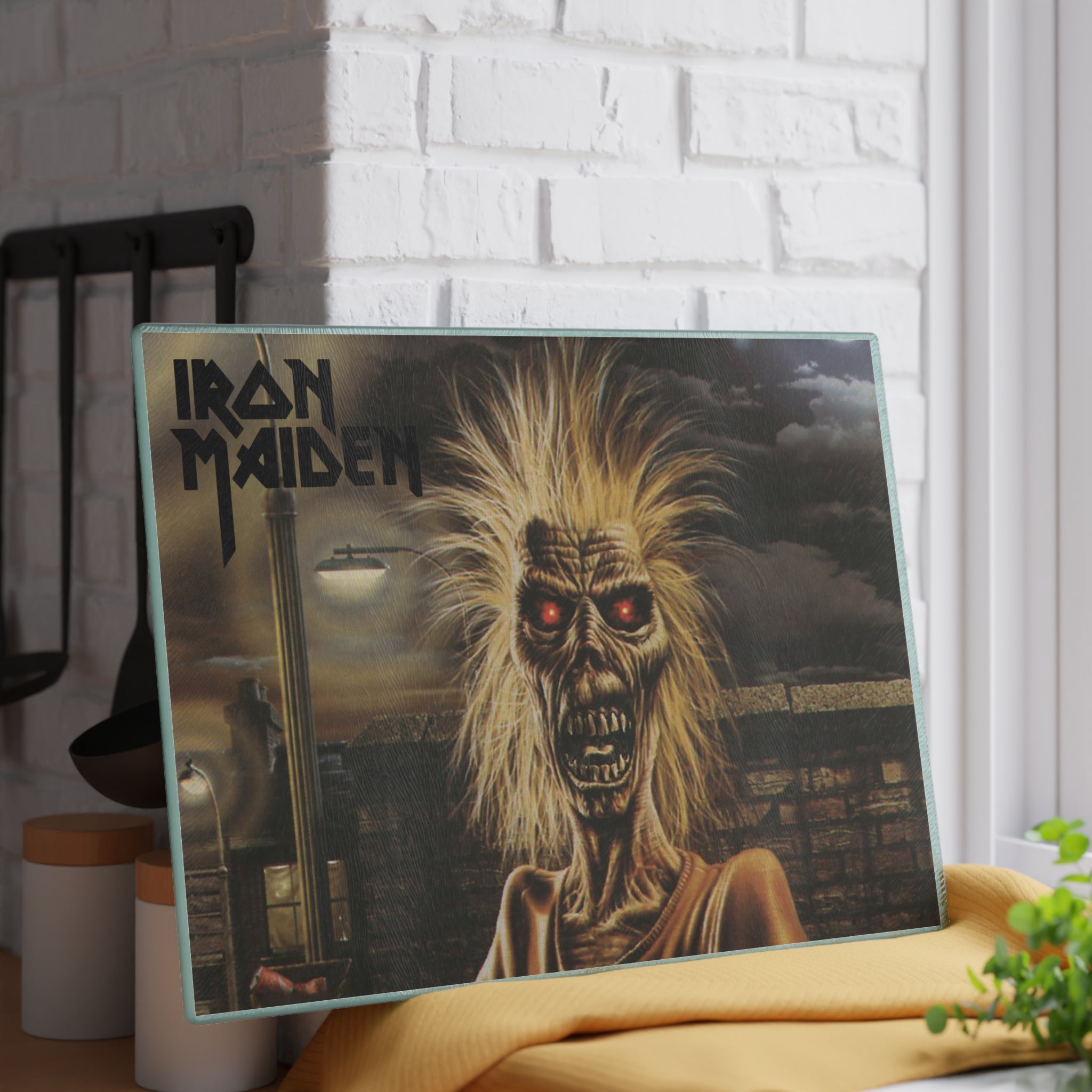 Iron Maiden Eddie Glass Cutting Board Kitchen Art — Retro Rock Band Music Gift 11" x 15"w