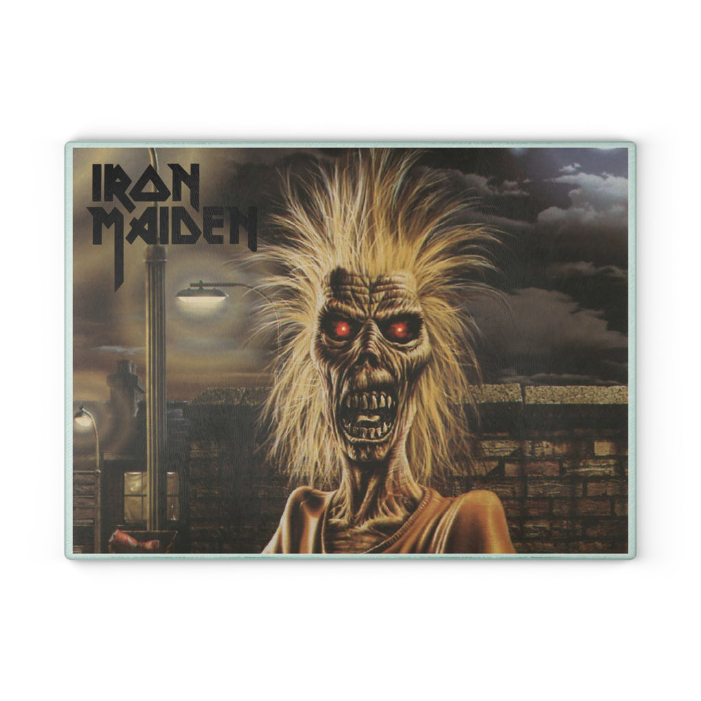 Iron Maiden Eddie Glass Cutting Board Kitchen Art — Retro Rock Band Music Gift 11" x 15"w