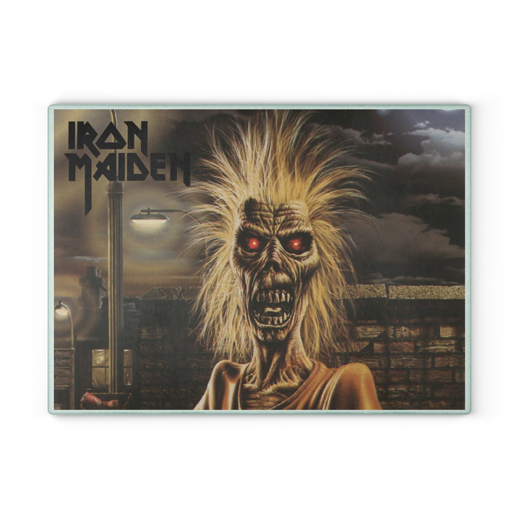 Iron Maiden Eddie Glass Cutting Board Kitchen Art — Retro Rock Band Music Gift 11" x 15"w