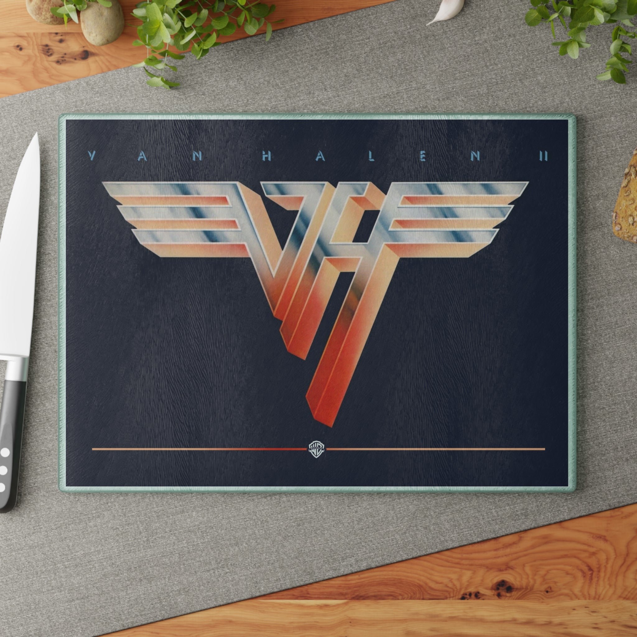 Van Halen Logo Glass Cutting Board Kitchen Art — Retro Rock Band Music Gift 11" x 15"w durable tempered glass with a vibrant, high-resolution finish