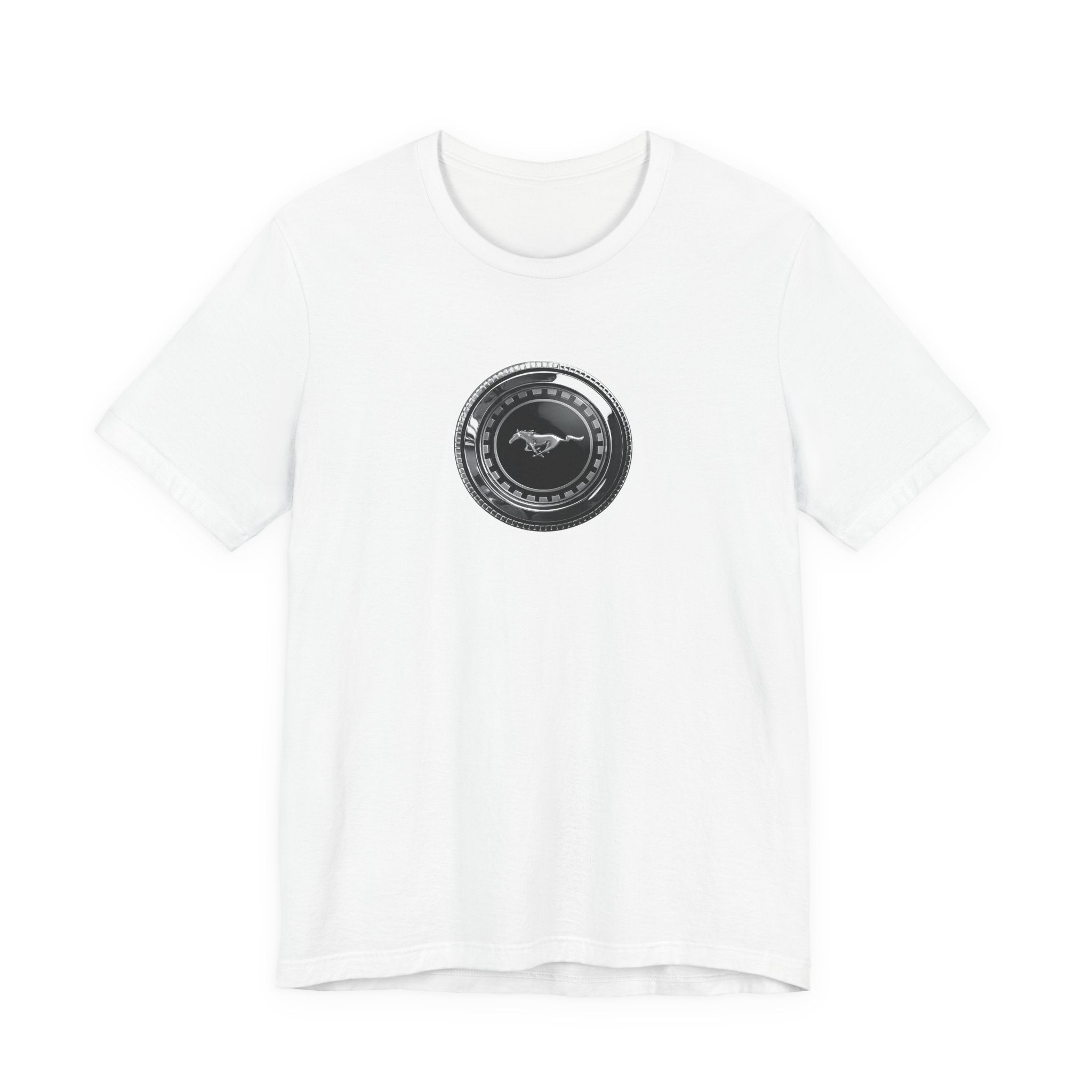 Classic 1973 Mustang Fuel Cap T-Shirt | Vintage Running Horse Emblem Tee 1970s Ford Pony Car Graphic Shirt