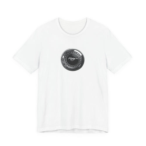 Classic 1973 Mustang Fuel Cap T-Shirt | Vintage Running Horse Emblem Tee 1970s Ford Pony Car Graphic Shirt
