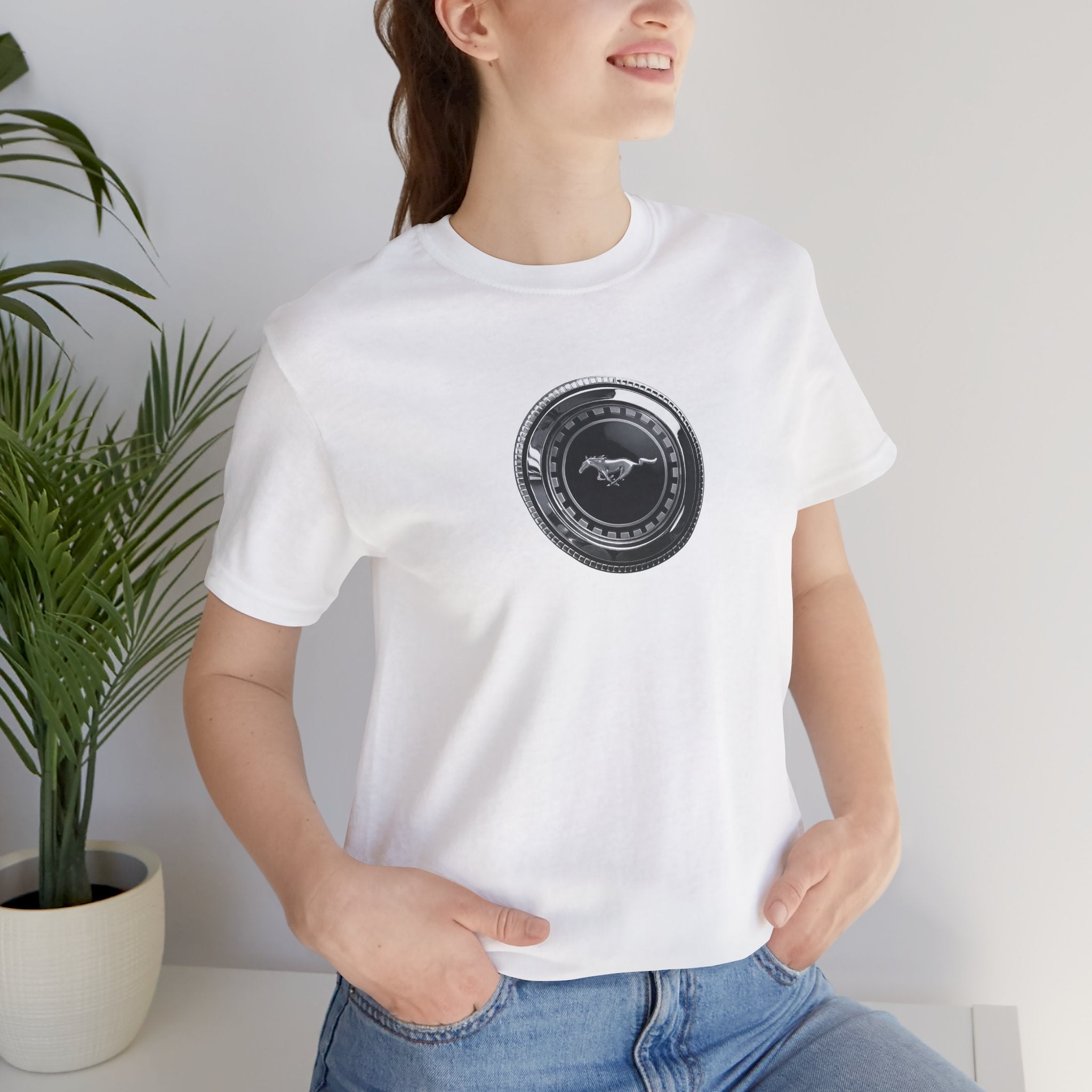 Classic 1973 Mustang Fuel Cap T-Shirt | Vintage Running Horse Emblem Tee 1970s Ford Pony Car Graphic Shirt