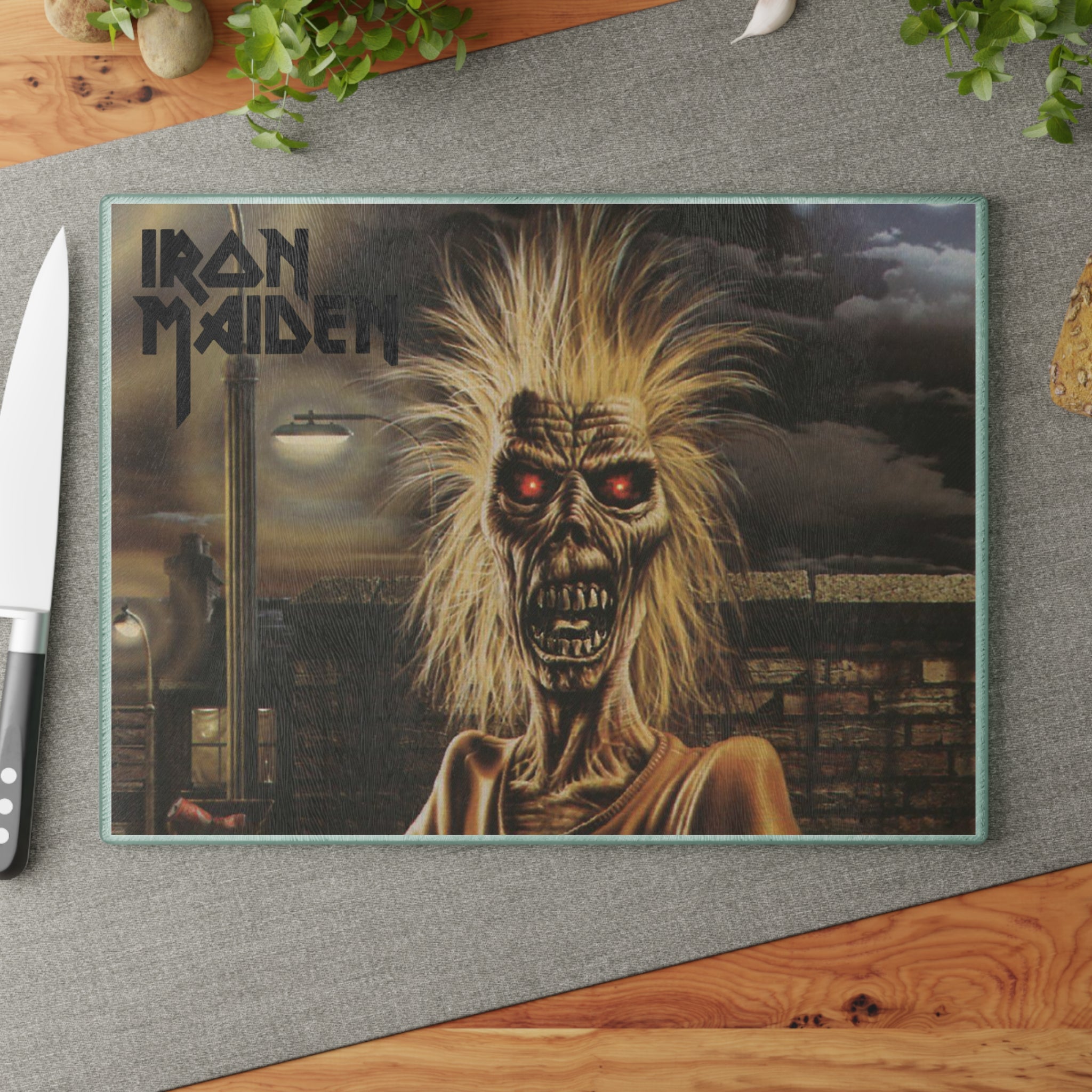 Iron Maiden Eddie Glass Cutting Board Kitchen Art — Retro Rock Band Music Gift 11" x 15"w