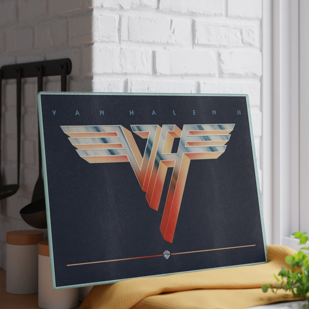Van Halen Logo Glass Cutting Board Kitchen Art — Retro Rock Band Music Gift 11" x 15"w durable tempered glass with a vibrant, high-resolution finish