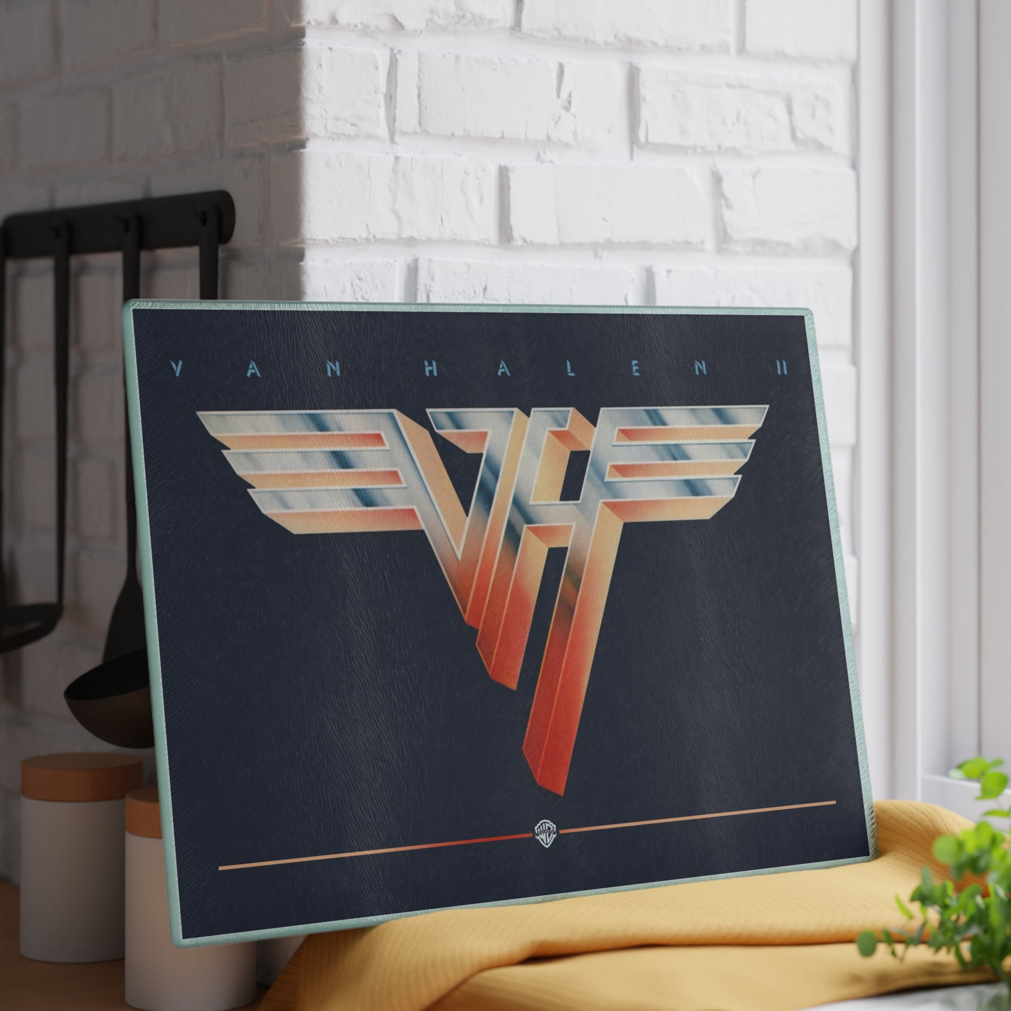 Van Halen Logo Glass Cutting Board Kitchen Art — Retro Rock Band Music Gift 11" x 15"w durable tempered glass with a vibrant, high-resolution finish