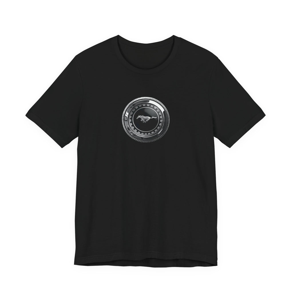 Classic 1973 Mustang Fuel Cap T-Shirt | Vintage Running Horse Emblem Tee 1970s Ford Pony Car Graphic Shirt