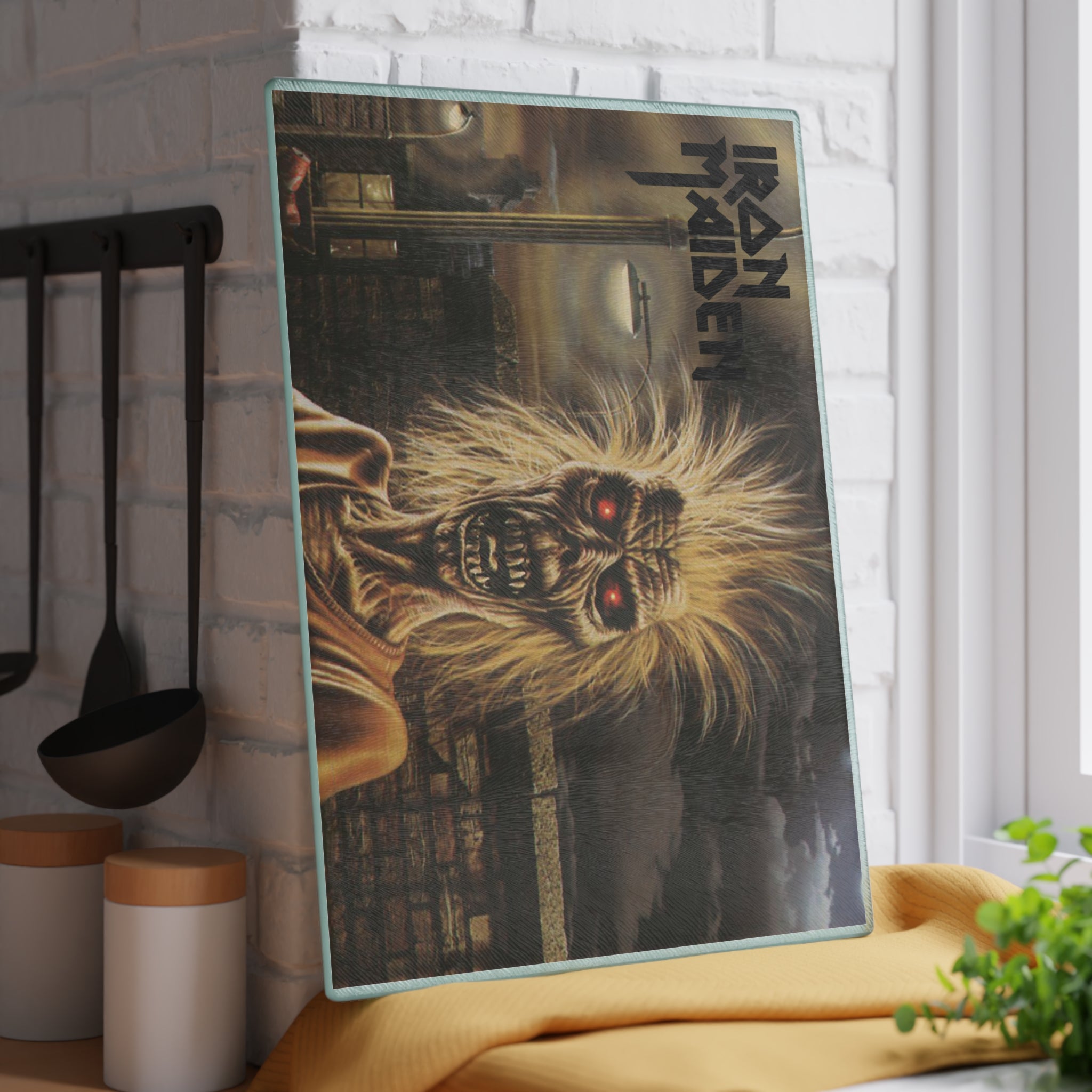Iron Maiden Eddie Glass Cutting Board Kitchen Art — Retro Rock Band Music Gift 11" x 15"w