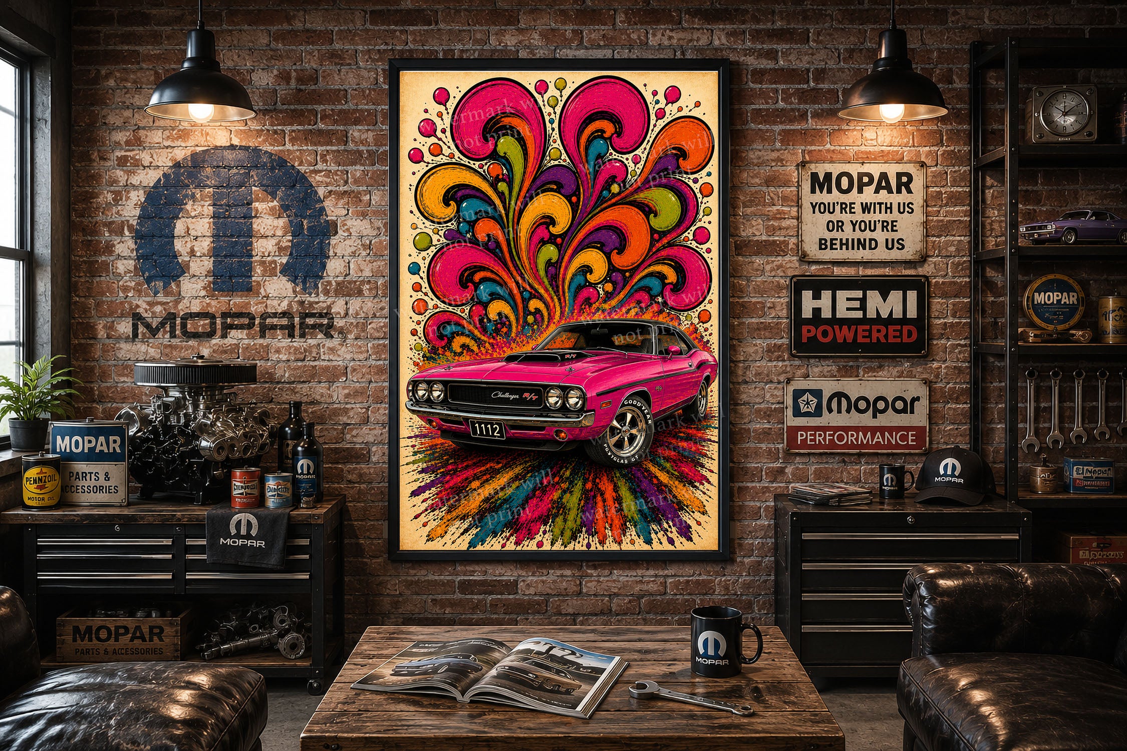 1970 Dodge Challenger R/T 70s Psychedelic Artwork Mopar Wall Poster